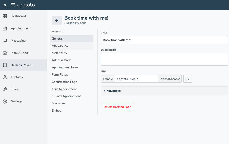 Vertical booking page tabs in Apptoto platform